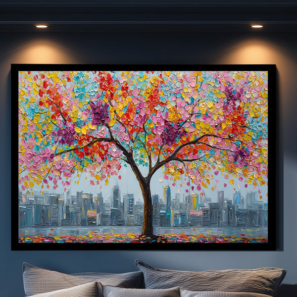 Renkli Çiçekli Ağaç ve Şehir Manzarası Tablosu Modern Soyut Kanvas Duvar Dekoru, Salon Ofis İçin Büyük Boy Sanatsal Tablo