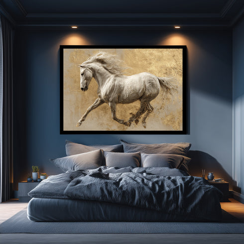 Koşan Beyaz At Tablosu Altın Varak Dokulu Arka Planlı Lüks Kanvas Duvar Dekoru, Salon Ofis İçin Büyük Boy At Figürlü Tablo