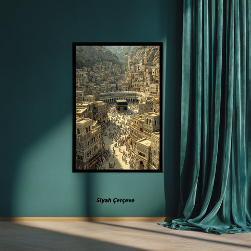 Eski Kabe-i Muazzama ve Mekke Şehir Manzarası Kanvas Tablo – Hac ve Umre Temalı İslami Duvar Dekoru, Dini ve Manevi Salon Tablosu