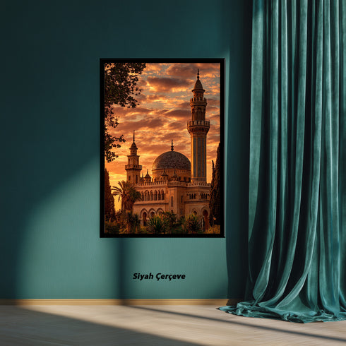 Gün Batımında Tarihi Cami ve Minare Kanvas Tablo – Altın Gökyüzü Temalı İslami Duvar Dekoru, Dini ve Manevi Salon Tablosu