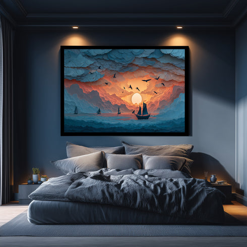 Bulutlar Arasında Gün Batımı ve Yelkenli Tablosu Soyut Deniz Manzarası Modern Kanvas Duvar Dekoru Salon Ofis Yatak Odası İçin Büyük Boy Sanatsal Tasarım