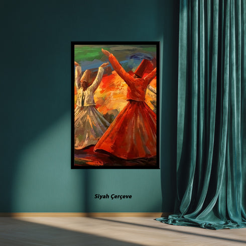 Semazenlerin Sema Dönüşü, Canlı Renklerle Tasvir Edilmiş Tasavvufi Ritüel ve Manevi Derinlik Taşıyan Modern Sanat Tablosu