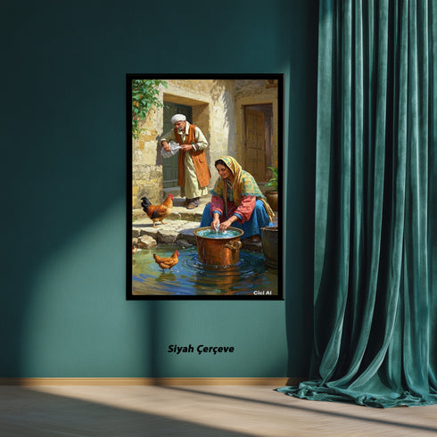 Geleneksel Köy Yaşamı Suluboya Sanat Baskısı, Anadolu Günlük Hayat Sahnesi, Tavuklar ve Taş Evlerle Nostaljik Duvar Dekoru