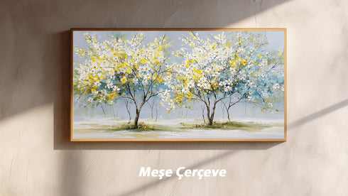 Sarı Beyaz Çiçekli Ağaç Tablosu Modern Soyut Kanvas Duvar Dekoru, Salon Yatak Odası İçin Büyük Boy Manzara Tablo