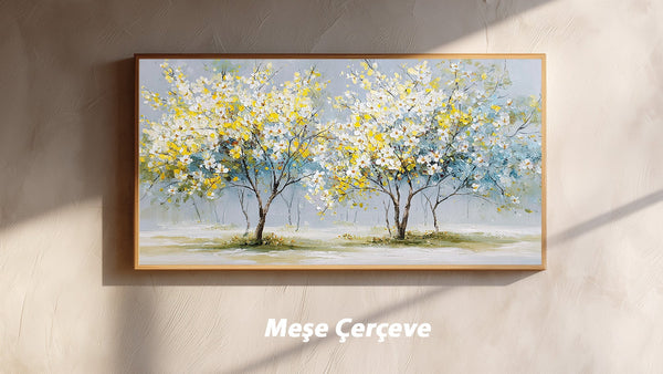 Sarı Beyaz Çiçekli Ağaç Tablosu Modern Soyut Kanvas Duvar Dekoru, Salon Yatak Odası İçin Büyük Boy Manzara Tablo
