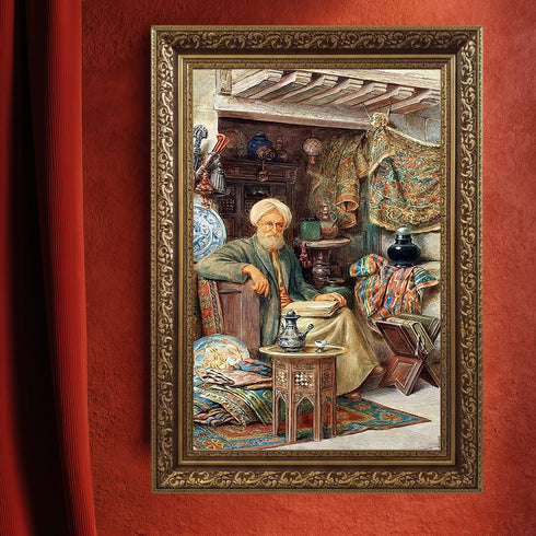 Osmanlı Bilgesi ve Geleneksel Oda Sahnesi Suluboya Sanat Baskısı, El Yazması Kitaplar ve Oryantal Detaylarla Tarihi Duvar Dekoru