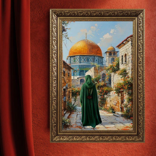 Kubbetüs Sahra ve Mescid-i Aksa Manzaralı Kanvas Tablo – Kudüs Temalı İslami Duvar Dekoru, Dini ve Manevi Atmosferli Salon Tablosu