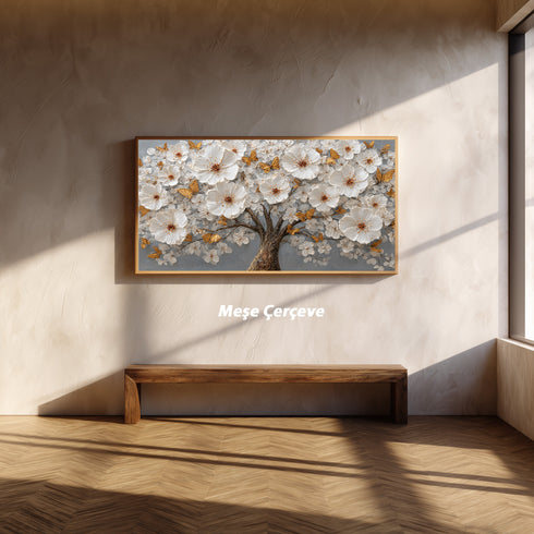 Altın Kelebekli Beyaz Çiçekli Ağaç Tablosu Kabartmalı Lüks Modern Kanvas Duvar Dekoru Salon ve Oturma Odası İçin Şık Tasarım