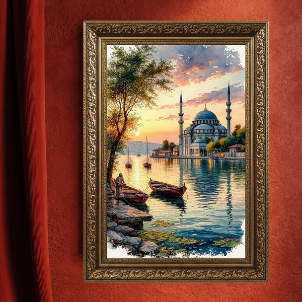 Gün Batımında Boğaz ve Tarihi Cami Manzarası Sanat Baskısı, İstanbul Temalı Suluboya Tablo ve Huzur Veren Klasik Duvar Dekoru