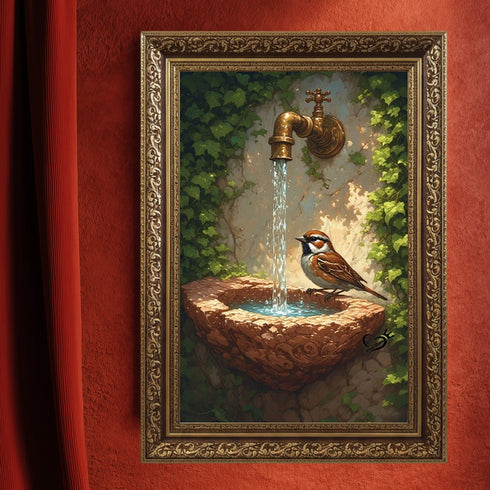 Taş Çeşme ve Serçe Kuşu Sanat Baskısı, Doğal Bahçe Sahnesi ve Akan Su ile Huzur Veren Masalsı Duvar Dekoru