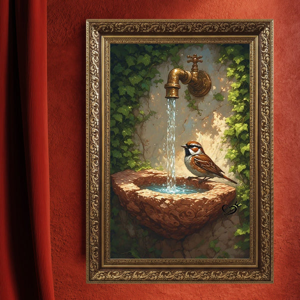 Taş Çeşme ve Serçe Kuşu Sanat Baskısı, Doğal Bahçe Sahnesi ve Akan Su ile Huzur Veren Masalsı Duvar Dekoru