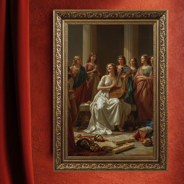 Antik Müzik Sahnesi ve Lir Çalan Kadın Sanat Baskısı, Klasik Sütunlar Arasında Mitolojik Zarafet, Zamansız Duvar Dekoru