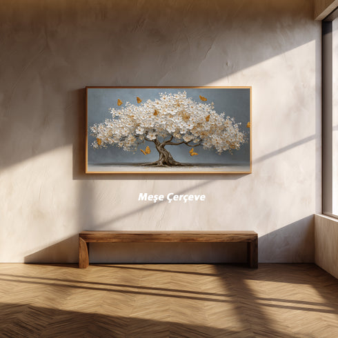 Beyaz Çiçekli Ağaç ve Altın Kelebekler Kanvas Tablo, Modern Çiçekli Duvar Dekoru, Salon ve Ofis için Şık Dekoratif Baskı Ev Hediyesi