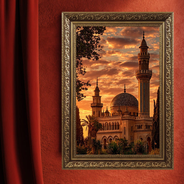 Gün Batımında Tarihi Cami ve Minare Kanvas Tablo – Altın Gökyüzü Temalı İslami Duvar Dekoru, Dini ve Manevi Salon Tablosu