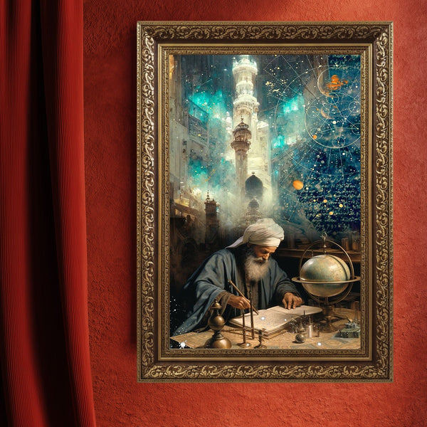 İslam Alimi ve Astronomi Çalışması Kanvas Tablo – Bilim ve İlim Temalı İslami Duvar Dekoru, Dini ve Manevi Sanat Eseri