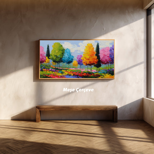 Renkli Ağaçlar Manzara Tablosu Soyut Modern Empresyonist Kanvas Duvar Dekoru Salon Yatak Odası Ofis İçin Büyük Boy Canlı Tasarım