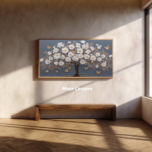 Beyaz Çiçekli Ağaç Tablosu Altın Yapraklı Kelebekli Kanvas Duvar Dekoru, Modern Dokulu Salon Yatak Odası Tablo