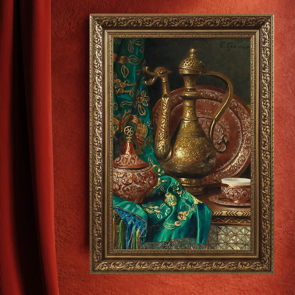Oryantal Natürmort Sanat Tablosu Poster, Osmanlı İbriği Kahve Fincanı ve İşlemeli Kumaşlı Klasik Doğu Temalı Duvar Sanatı