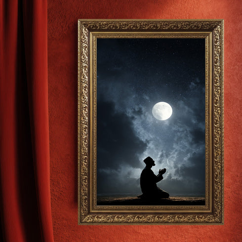 Dolunay Altında Dua Eden Müslüman Silüeti Kanvas Tablo – Gece ve Yıldız Temalı İslami Duvar Dekoru, Dini ve Manevi Salon Tablosu