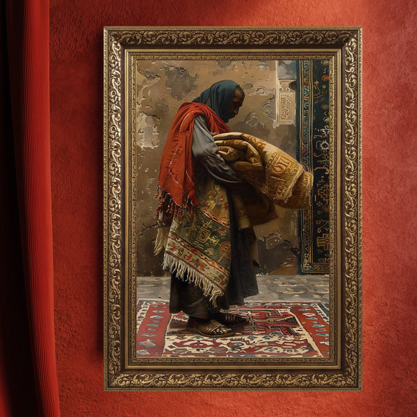 Oryantal Halı Taşıyan Adam Figürü Sanat Baskısı, Geleneksel Doğu Kültürü ve El Dokuması Halılarla Duygusal Duvar Dekoru