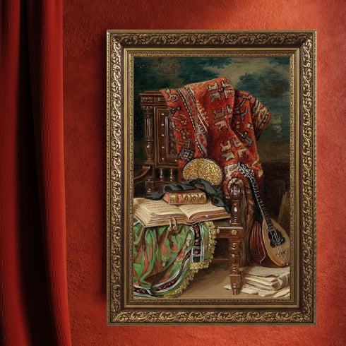 Oryantal Sandalye ve Ud ile Klasik Natürmort Sanat Baskısı, El Yazması Kitaplar ve Kilim Desenleriyle Tarihi Duvar Dekoru