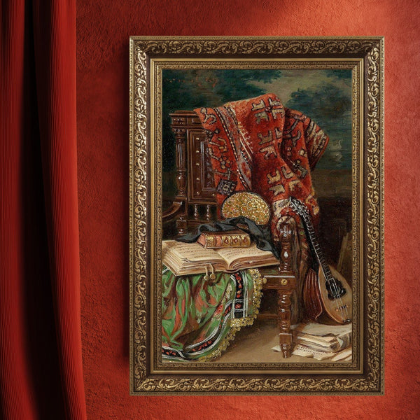 Oryantal Sandalye ve Ud ile Klasik Natürmort Sanat Baskısı, El Yazması Kitaplar ve Kilim Desenleriyle Tarihi Duvar Dekoru