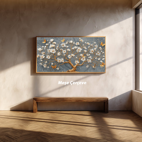 Gri Mermer Zeminli Altın Dallı Beyaz Çiçekli Ağaç Tablosu Kelebekli Lüks Modern Kanvas Duvar Dekoru Salon İçin Şık Tasarım
