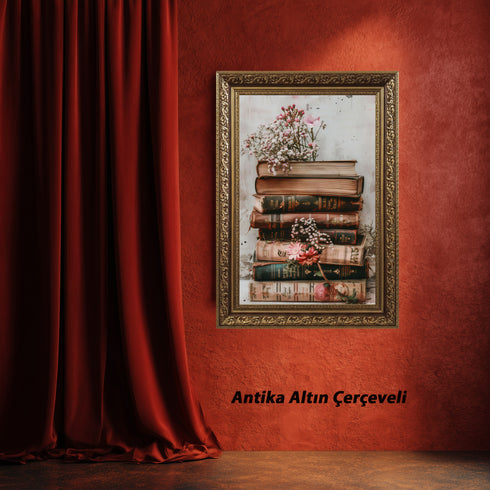 Vintage Kitap Yığını ve Zarif Çiçekler, Nostaljik ve Romantik Atmosferli Estetik Natürmort Sanat Tablosu