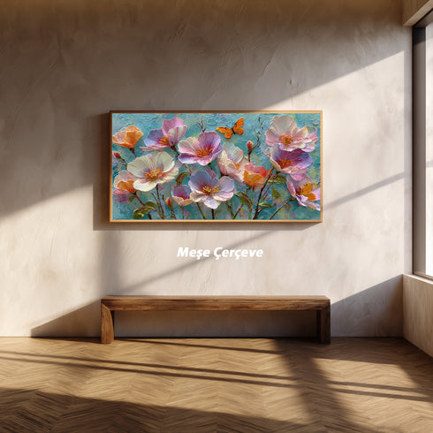 Turkuaz Zeminli Renkli Çiçekler ve Kelebek Tablosu Modern Soyut Kanvas Duvar Dekoru Salon Yatak Odası İçin Canlı Tasarım