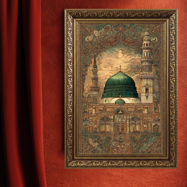 Mescid-i Nebevi Yeşil Kubbe Osmanlı Desenli Kanvas Tablo – İslami Sanat Motifli Dini Duvar Dekoru, Medine Temalı Salon Tablosu