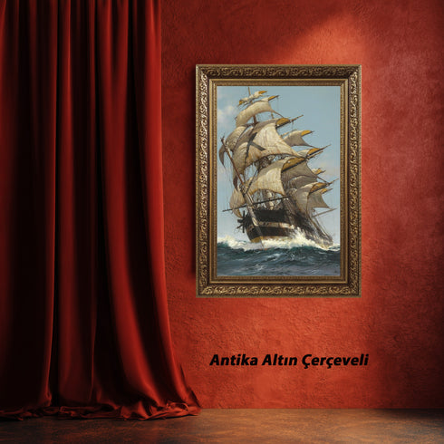 Fırtınalı Denizde Yelkenli Gemi Suluboya Sanat Baskısı, Denizcilik ve Macera Temalı Klasik Tablo Duvar Dekoru