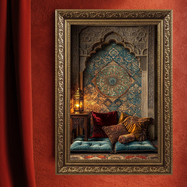 Oryantal Mozaik Niş ve Minder Köşesi Sanat Baskısı, İslami Desenler ve Sıcak Işıklarla Lüks Doğu Esintili Duvar Dekoru