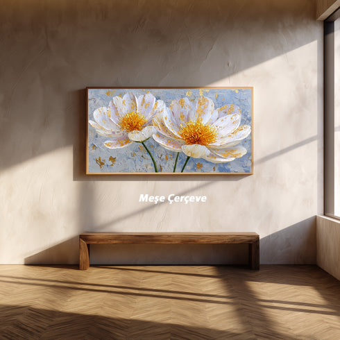 Altın Varaklı Beyaz Çiçekler Tablosu Modern Soyut Kanvas Duvar Dekoru Salon Yatak Odası İçin Büyük Boy Lüks Çiçek Tablo