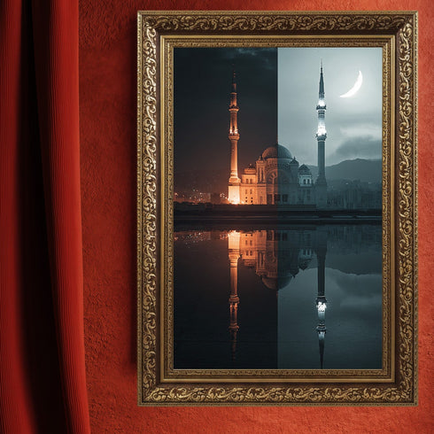 Gece ve Hilal Işığında Camii Kanvas Tablo – İslami Duvar Dekoru, Dini Mimari Sanat Eseri, Modern ve Klasik Ev Dekorasyonu