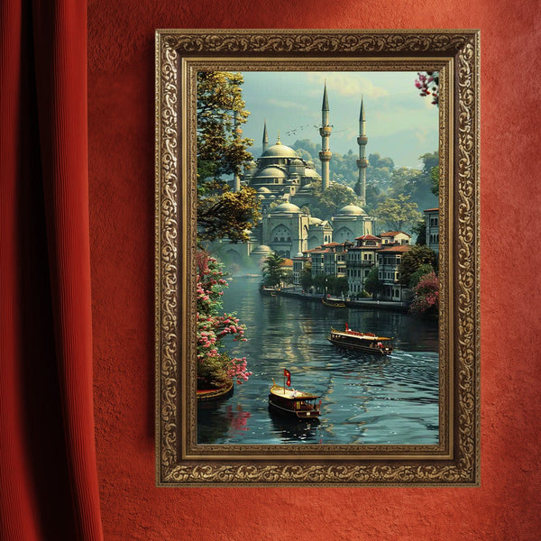 Boğazda Tarihi Cami ve Kayıklar Manzarası Sanat Baskısı, İstanbul’un Yeşil Doğası ve Sakin Suları ile Klasik Duvar Dekoru