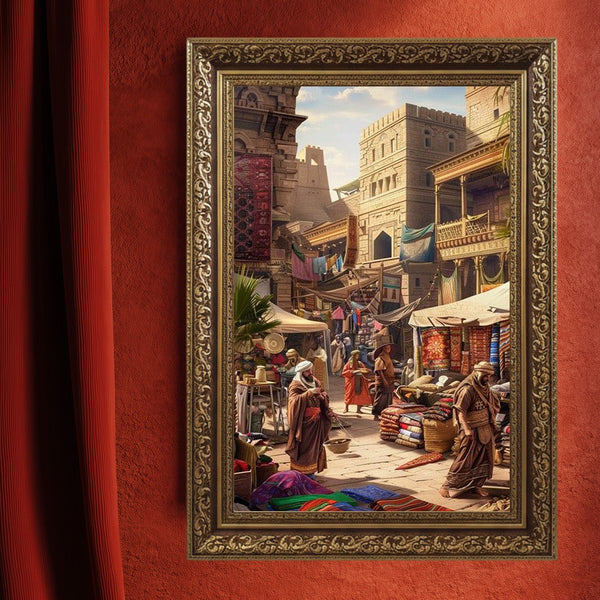 Oryantal Pazar Sokağı Sanat Baskısı, Tarihi Doğu Şehri Çarşı Sahnesi, Halılar ve Geleneksel Mimariyle Kültürel Duvar Dekoru