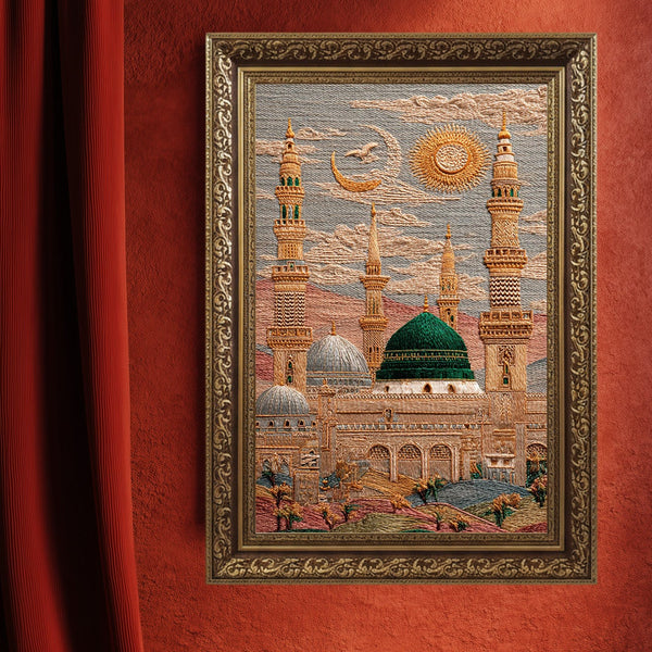 Mescid-i Nebevi Yeşil Kubbe Nakış İşlemeli Görünümlü Kanvas Tablo – Hilal ve Güneş Motifli İslami Duvar Dekoru, Dini Salon Tablosu