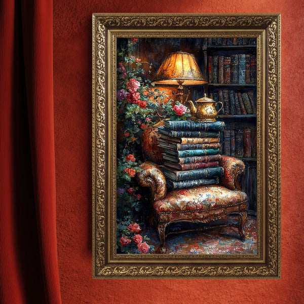 Kitaplarla Dolu Kütüphane Köşesi ve Çaydanlık Sanat Baskısı, Vintage Okuma Atmosferi, Çiçekli Klasik Koltuk ile Nostaljik Duvar Dekoru