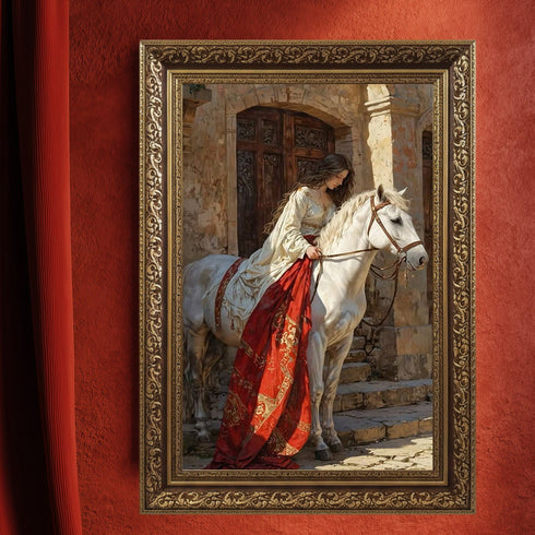 Tarihi Taş Mekânda Beyaz At Üzerinde Zarif Kadın, Orta Çağ Esintili Romantik Sahne, Klasik ve Epik Sanat Tarzında Duvar Dekoru