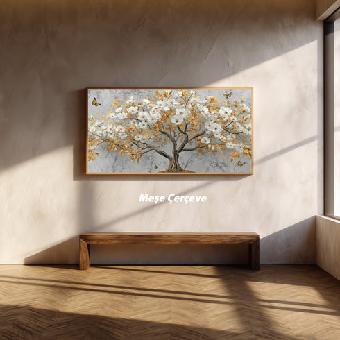 Mermer Zeminli Altın Yapraklı Beyaz Çiçekli Ağaç Tablosu Kelebekli Lüks Modern Kanvas Duvar Dekoru Salon İçin