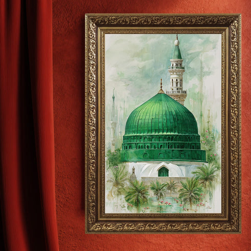 Yeşil Kubbe Mescid-i Nebevi Kanvas Tablo – Medine Ravza-i Mutahhara İslami Duvar Dekoru, Dini Huzur Temalı Salon Tabl