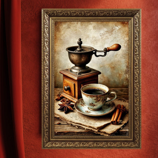Vintage Kahve Değirmeni ve Fincan Sanat Baskısı, Rustik Türk Kahvesi Atmosferi, Nostaljik Mutfak ve Kafe Duvar Dekoru Tablo Ev İçin
