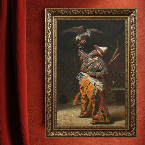 Oryantal Avcı Figürü Sanat Tablosu Poster, Şahinli Osmanlı Av Sahnesi ile Geleneksel Doğu Temalı Klasik Duvar Sanatı Baskısı