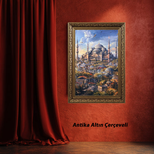 Ayasofya ve Tarihi İstanbul Silüeti Sanat Baskısı, Kubbe ve Minarelerle Osmanlı Mimarisi, Masalsı Şehir Manzarası Duvar Dekoru