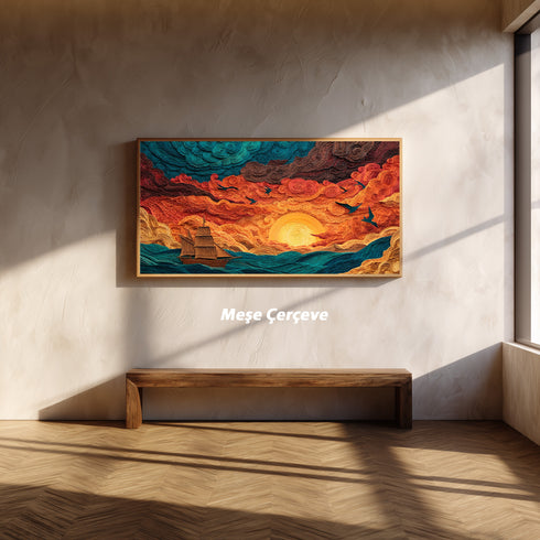 Gün Batımında Yelkenli ve Martılar Tablosu Soyut Deniz Manzarası Modern Kanvas Duvar Dekoru Salon Ofis İçin Büyük Boy Sanatsal Tasarım