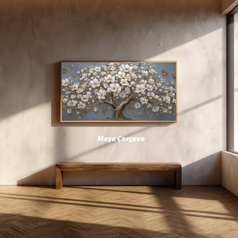 Altın Detaylı Beyaz Çiçekli Ağaç Tablosu Kelebekli Modern Kanvas Duvar Dekoru, Dokulu Salon Yatak Odası Büyük Boy Tablo