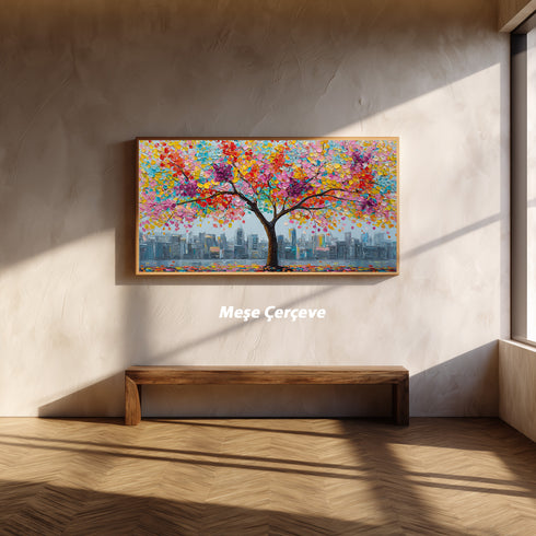 Renkli Çiçekli Ağaç ve Şehir Manzarası Tablosu Modern Soyut Kanvas Duvar Dekoru, Salon Ofis İçin Büyük Boy Sanatsal Tablo