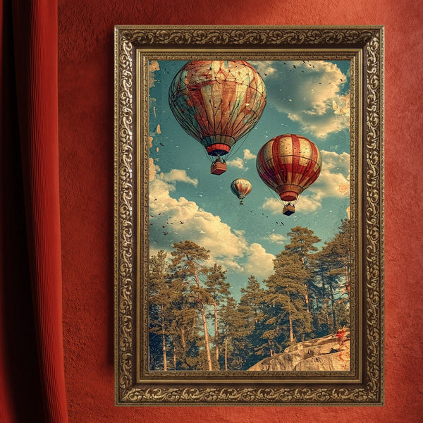 Gökyüzünde Sıcak Hava Balonları Sanat Baskısı, Vintage Masalsı Manzara ve Özgürlük Temalı Nostaljik Duvar Dekoru
