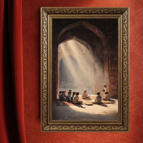 Kur’an Öğrenen Çocuklar Kanvas Tablo – Cami İçinde Manevi Eğitim Temalı İslami Duvar Dekoru, Dini ve Huzur Veren Salon Tablosu