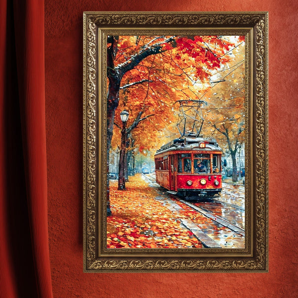 Sonbaharda Kırmızı Tramvay Şehir Manzarası Sanat Baskısı, Dökülen Yapraklar ve Nostaljik Sokaklarla Romantik Duvar Dekoru